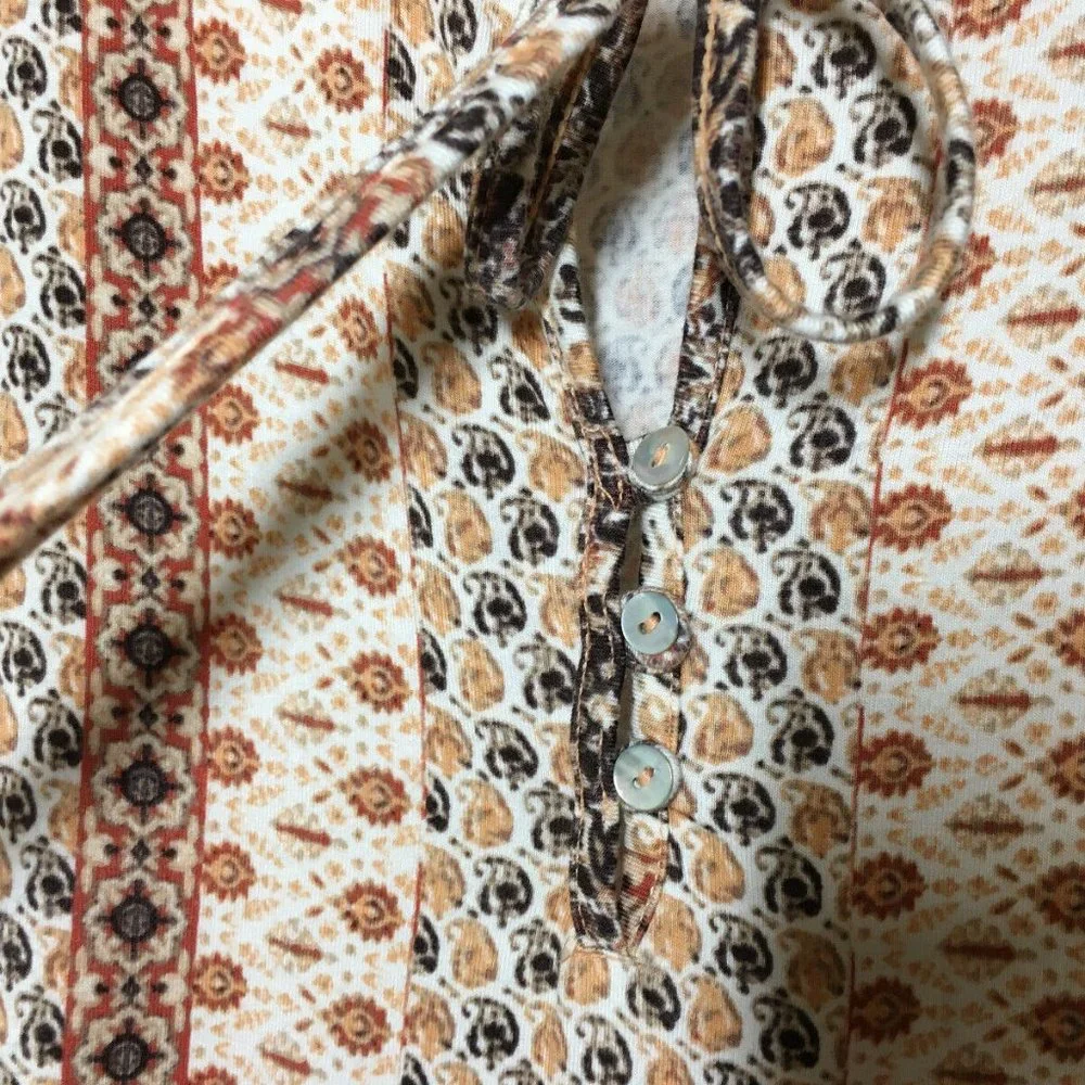 Rose Olive M Peasant Top Boho Ruffled Hem Ivory Rust Brown Stretch Knit Bust36.5 - Picture 7 of 13